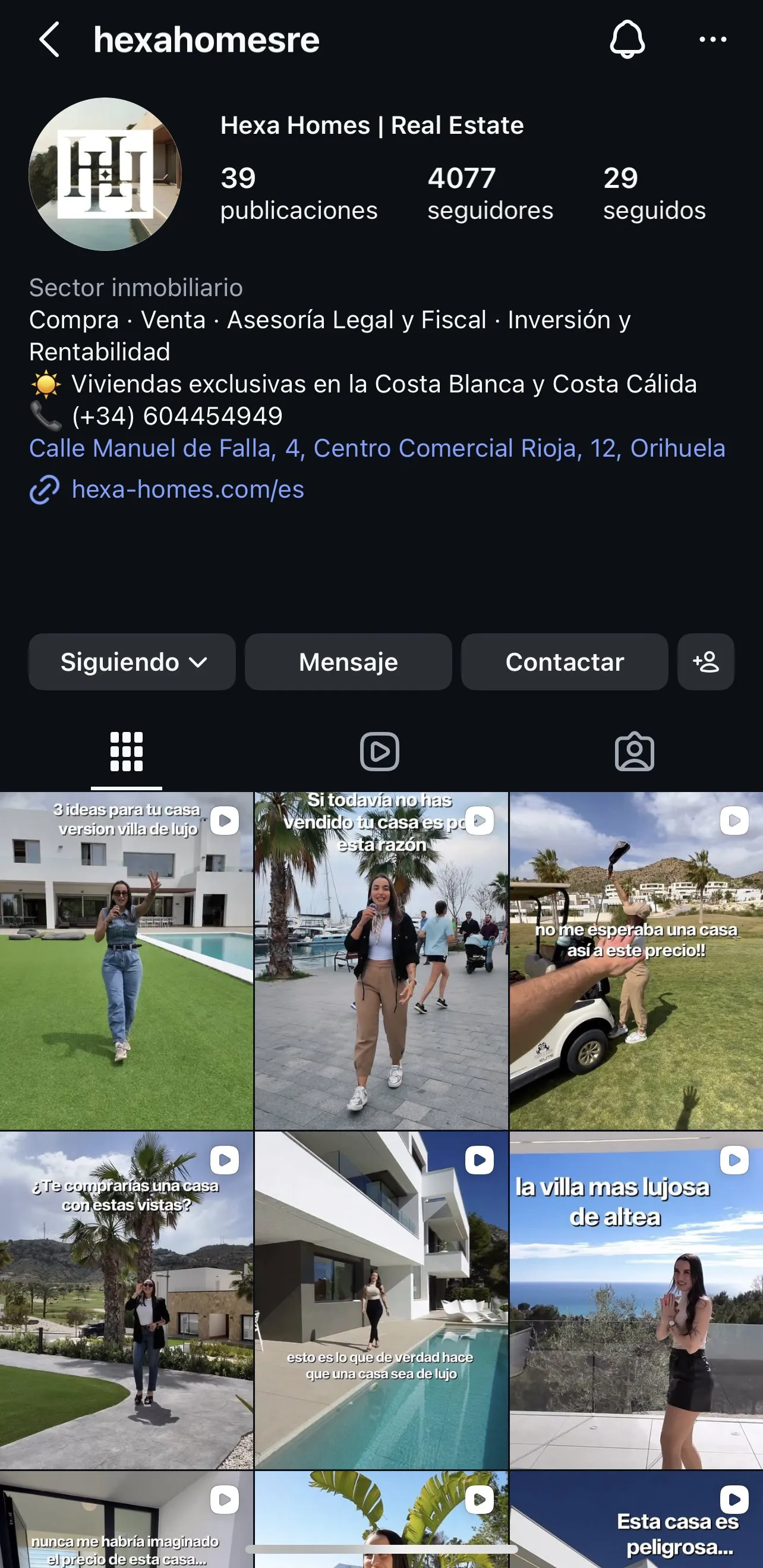 Perfil de Hexa Homes en Instagram